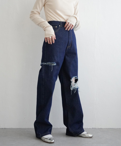 VENCEEXCHANGE（ヴァンスエクスチェンジ）の「ダメージワイドデニムパンツ（デニムパンツ・レディース・ブルー/グレー/ブラック/ネイビー・M/S）」の14枚目の写真