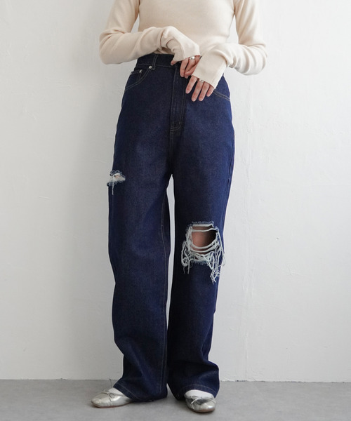 セール】ダメージワイドデニムパンツ（デニムパンツ