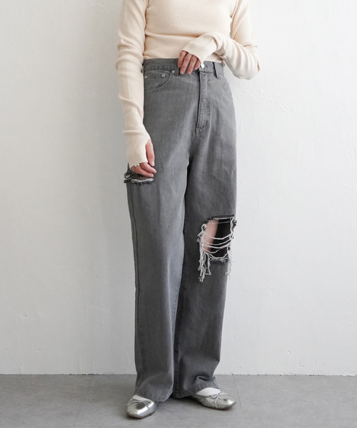 VENCEEXCHANGE（ヴァンスエクスチェンジ）の「ダメージワイドデニムパンツ（デニムパンツ・レディース・ブルー/グレー/ブラック/ネイビー・M/S）」の18枚目の写真