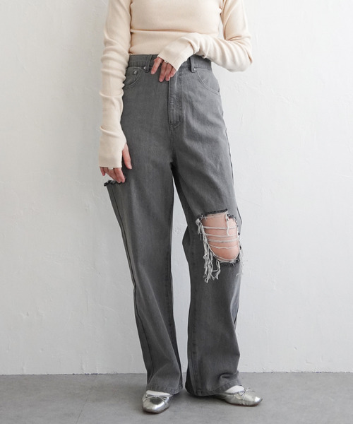 VENCEEXCHANGE（ヴァンスエクスチェンジ）の「ダメージワイドデニムパンツ（デニムパンツ・レディース・ブルー/グレー/ブラック/ネイビー・M/S）」の8枚目の写真