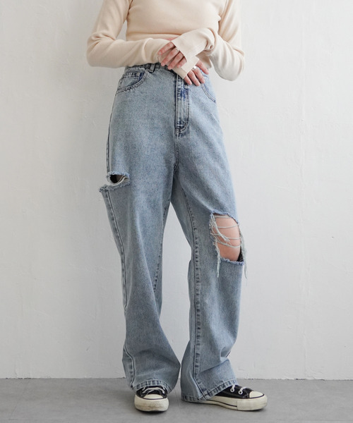 VENCEEXCHANGE（ヴァンスエクスチェンジ）の「ダメージワイドデニムパンツ（デニムパンツ・レディース・ブルー/グレー/ブラック/ネイビー・M/S）」の9枚目の写真