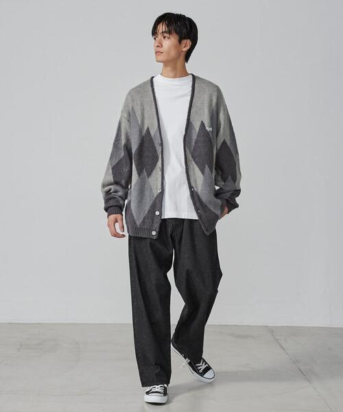 PENNEYS(ぺニーズ)の「PENNEYS(ぺニーズ)別注ビッグシルエットジャガード柄シャギーニットカーディガン チェック/ペイズリー/アーガイル(カーディガン/ボレロ・メンズ・グレー/ネイビー/ベージュ/ブラウン/パープル・L/M/XL/S)」の7枚目の写真