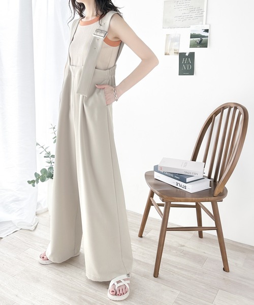 セール】大人のワイドストレート。アシメバックルベルトサロペット