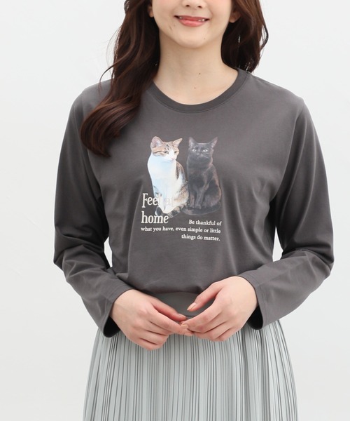 Honeys（ハニーズ）の「猫フォトプリントＴシャツ（Tシャツ/カットソー・レディース・ブルー系その他/スミクロ/オフホワイト/ライトベージュ・M/LL/L）」の3枚目の写真