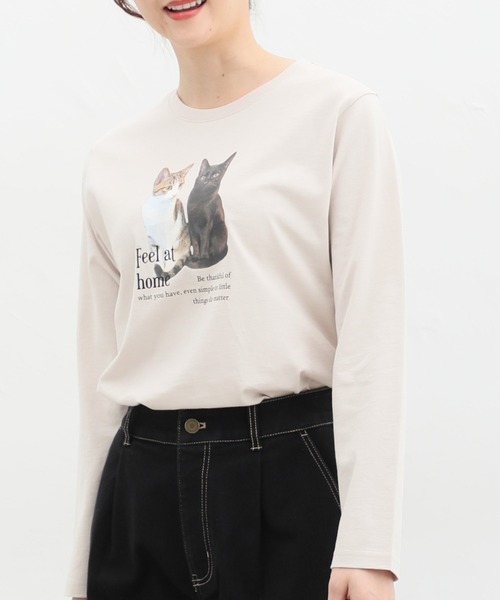 Honeys（ハニーズ）の「猫フォトプリントＴシャツ（Tシャツ/カットソー・レディース・ブルー系その他/スミクロ/オフホワイト/ライトベージュ・M/LL/L）」の4枚目の写真