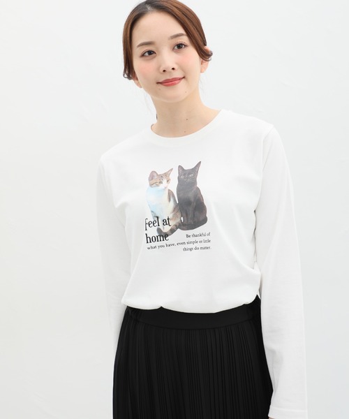 Honeys（ハニーズ）の「猫フォトプリントＴシャツ（Tシャツ/カットソー・レディース・ブルー系その他/スミクロ/オフホワイト/ライトベージュ・M/LL/L）」の7枚目の写真
