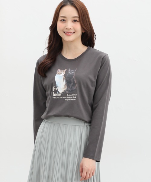 Honeys（ハニーズ）の「猫フォトプリントＴシャツ（Tシャツ/カットソー・レディース・ブルー系その他/スミクロ/オフホワイト/ライトベージュ・M/LL/L）」の9枚目の写真