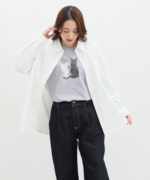 Honeys（ハニーズ）の「猫フォトプリントＴシャツ（Tシャツ/カットソー・レディース・ブルー系その他/スミクロ/オフホワイト/ライトベージュ・M/LL/L）」の12枚目の写真