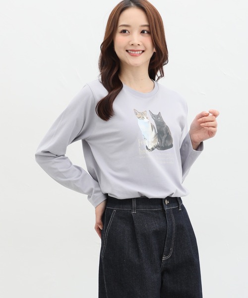 Honeys（ハニーズ）の「猫フォトプリントＴシャツ（Tシャツ/カットソー・レディース・ブルー系その他/スミクロ/オフホワイト/ライトベージュ・M/LL/L）」の13枚目の写真