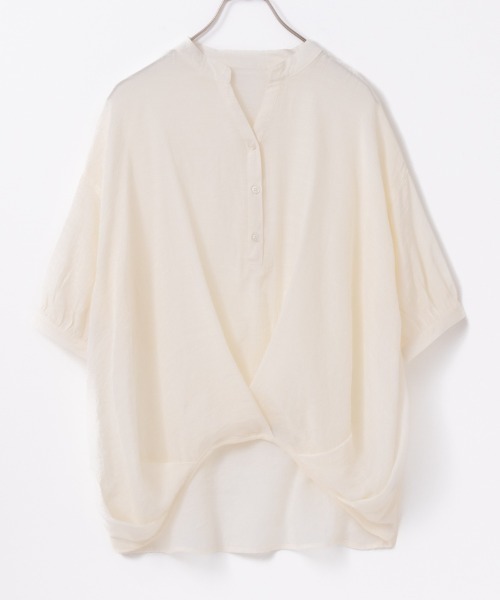 NAVY(ネイビー)の「NAVY スラブ裾タック5分袖 セミシアー スキッパーブラウス(シャツ/ブラウス・レディース・ネイビー/ホワイト/ライトオリーブ・M/L/S/XL)」の8枚目の写真