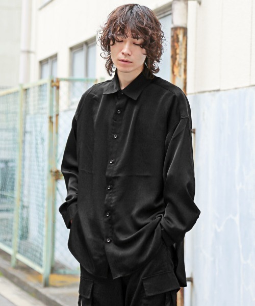 ブラックシャツワンピース 長袖 サテン風　光沢生地　着丈82cm コットンサテンシャツワンピース ｜ハウス オブ ロータス＜HOUSE