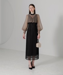 【新品】 LEJAパールネックパフスリーブボレロ格子レースワンピースドレス Leja（レジャ）の「【LEJA】パールネックパフスリーブボレロ格子