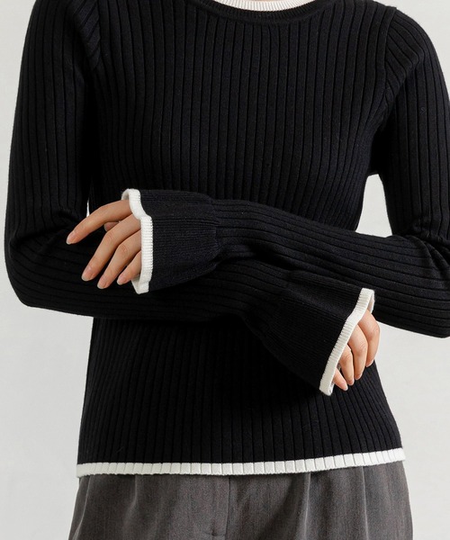 DAY CLOSET(デイ クローゼット)の「レディース 長袖配色カラーフレアスリーブリブニットトップス(ニット/セーター・レディース・ブラック/ホワイト×ブラック/アイボリー/ブラウン・FREE)」の16枚目の写真