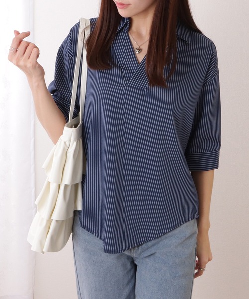 美品▲TICCA //ブラウンストライプ長袖シャツ▲スキッパー プルオーバー シンプル ストライプ スキッパー 5分袖 ブラウス（シャツ