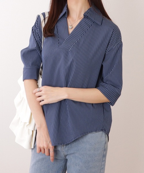 5分袖スキッパーシャツ　ストライプ　ライトブルーオフ　38 5分袖スキッパーシャツ ストライプ ライトブルーオフ 38