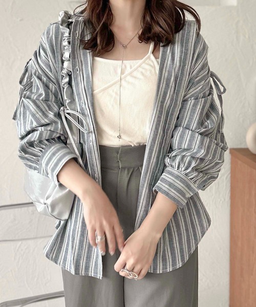 セール】【apres jour clair】リボン付ストライプシャツ【ZOZOTOWN限定