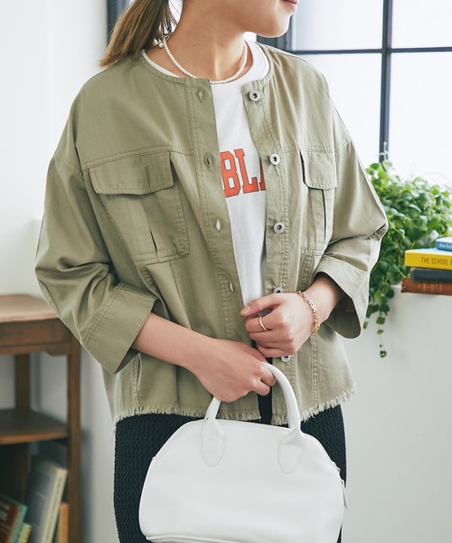 un dix cors（アンディコール）の「サマーコーデュロイパネルジャケット（ノーカラージャケット・レディース・ブラック/オリーブ/サックスブルー・FREE）」の2枚目の写真