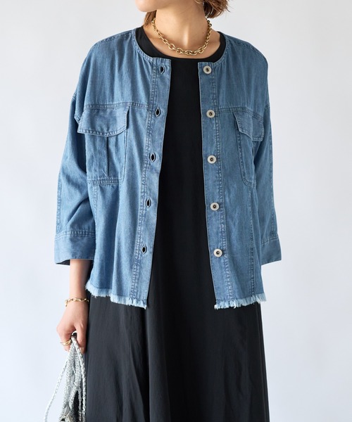 un dix cors（アンディコール）の「サマーコーデュロイパネルジャケット（ノーカラージャケット・レディース・ブラック/オリーブ/サックスブルー・FREE）」の3枚目の写真