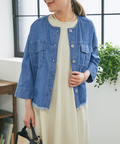 un dix cors（アンディコール）の「サマーコーデュロイパネルジャケット（ノーカラージャケット・レディース・ブラック/オリーブ/サックスブルー・FREE）」の12枚目の写真