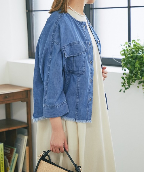 un dix cors（アンディコール）の「サマーコーデュロイパネルジャケット（ノーカラージャケット・レディース・ブラック/オリーブ/サックスブルー・FREE）」の14枚目の写真