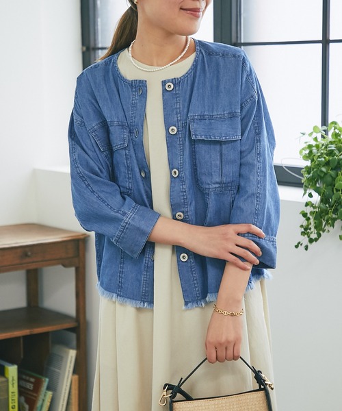 un dix cors（アンディコール）の「サマーコーデュロイパネルジャケット（ノーカラージャケット・レディース・ブラック/オリーブ/サックスブルー・FREE）」の13枚目の写真