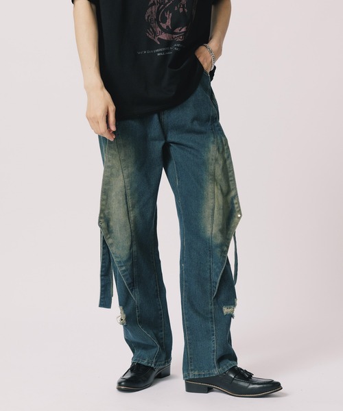 レトロカラーブロックデニムパンツ