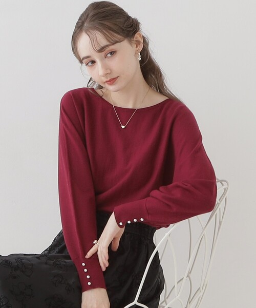 couture brooch（クチュールブローチ）の「【美シルエットニット】リボン2WAYフェイクパール袖ドルマンニット（ニット/セーター・レディース・アイボリー/ライトグレー/ブラック/ボルドー/グレー系4・38/42）」の5枚目の写真