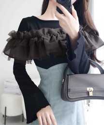 mily bilet | 【mily bilet】大人の女性にぴったり！チュールフリルデザインドッキングワンピース(ロング丈)(ワンピース)