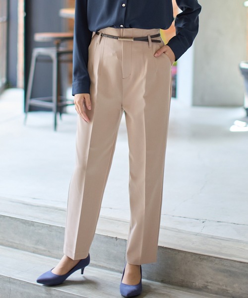 ウォッシャブル・イージーケア】ベルト付テーパードパンツ（スラックス