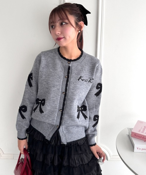 セール】リボンジャガードバイカラーニットカーディガン（カーディガン
