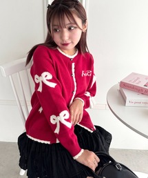リボンジャガードバイカラーニットカーディガン