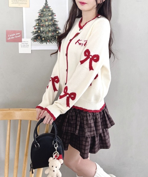 Loueme（ルエム）の「リボンジャガードバイカラーニットカーディガン（カーディガン/ボレロ・レディース・レッド/アイボリー/グレー・FREE）」の16枚目の写真