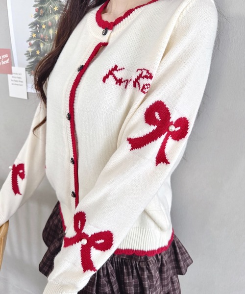 セール】リボンジャガードバイカラーニットカーディガン（カーディガン