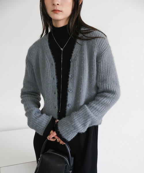 select MOCA（セレクトモカ）の「Vネックシャギーリブショートカーディガン（カーディガン/ボレロ・レディース・ブラウン/チャコール/ベージュ/アイボリー・FREE）」の3枚目の写真