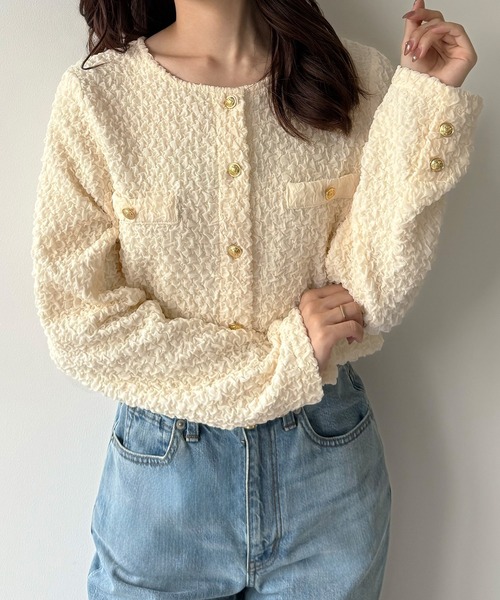 mipiarl(ミピアール)の「ぽこぽこ金ボタントップス(薄手、裏地なし)(Tシャツ/カットソー・レディース・ブラック/アイボリー/チャコール・SMALL/MEDIUM/LARGE)」の7枚目の写真