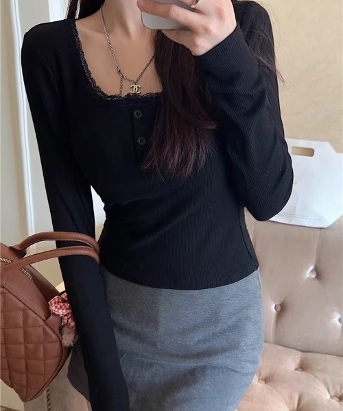 ViViDAY(ビビデー)の「【カップ付き】レース長袖インナートップス(Tシャツ/カットソー・レディース・ブラック/ホワイト/グレー・M)」の6枚目の写真