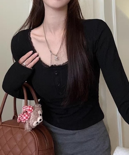 ViViDAY(ビビデー)の「【カップ付き】レース長袖インナートップス(Tシャツ/カットソー・レディース・ブラック/ホワイト/グレー・M)」の11枚目の写真