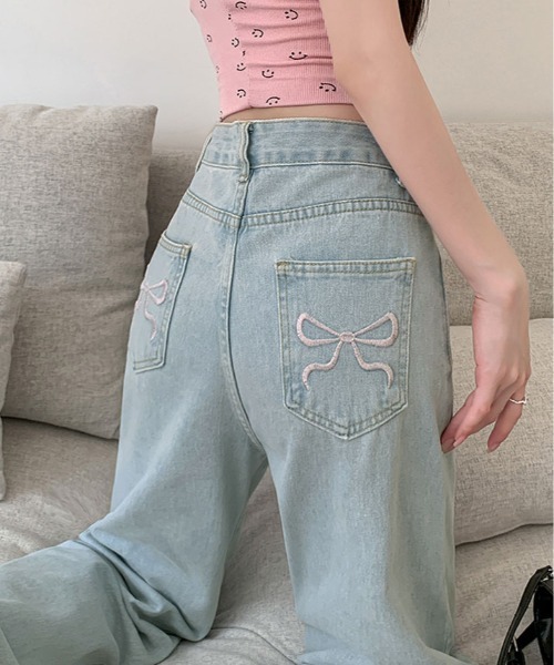 パンツ ワイド リボン刺繍 ハイウエスト かわいい 韓国 L2036 セール】リボン 刺繍 ハイウエスト ライトブルー デニム（デニム