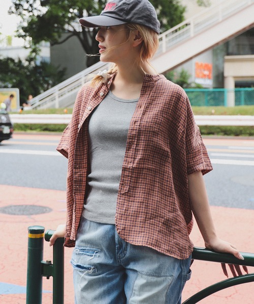 BEAMS BOY（ビームスボーイ）の「リネン チェック ショートスリーブ シャツ（シャツ/ブラウス・レディース・ブラック/グリーン/オレンジ・ONE SIZE）」の7枚目の写真