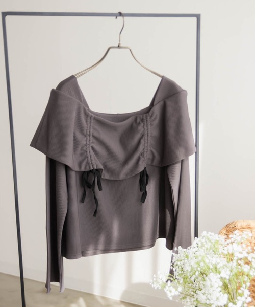 CLETTE(クレット)の「オフショル風ドロストリボンプルオーバー(Tシャツ/カットソー・レディース・チャコールグレー/アイボリー/ブラック・LL/3L/4L)」の14枚目の写真