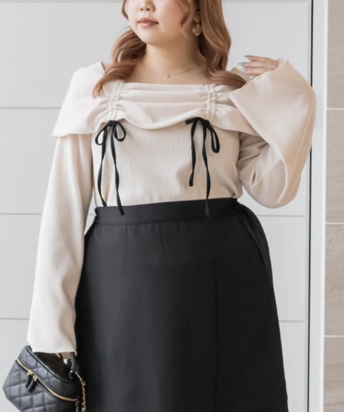 CLETTE(クレット)の「オフショル風ドロストリボンプルオーバー(Tシャツ/カットソー・レディース・チャコールグレー/アイボリー/ブラック・LL/3L/4L)」の15枚目の写真