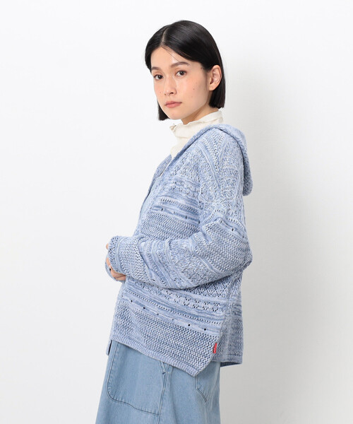 ONIGIRI（オニギリ）の「ミックスデニム調　フーディーカーディガン（カーディガン/ボレロ・レディース・サックスブルー/ネイビー・FREE）」の7枚目の写真