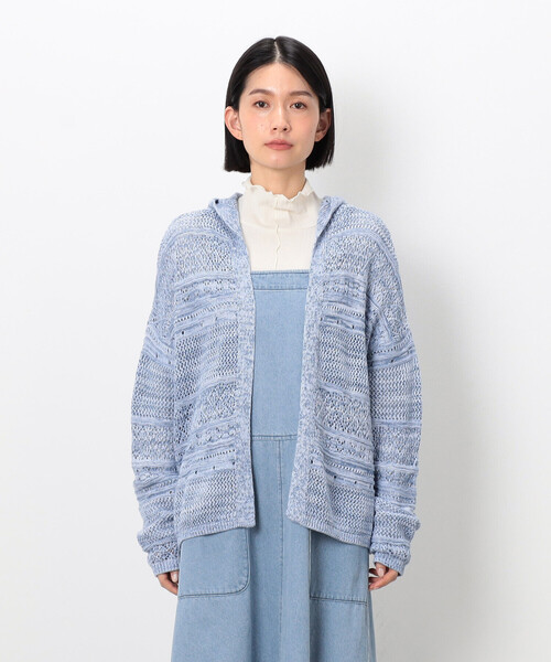 ONIGIRI（オニギリ）の「ミックスデニム調　フーディーカーディガン（カーディガン/ボレロ・レディース・サックスブルー/ネイビー・FREE）」の9枚目の写真