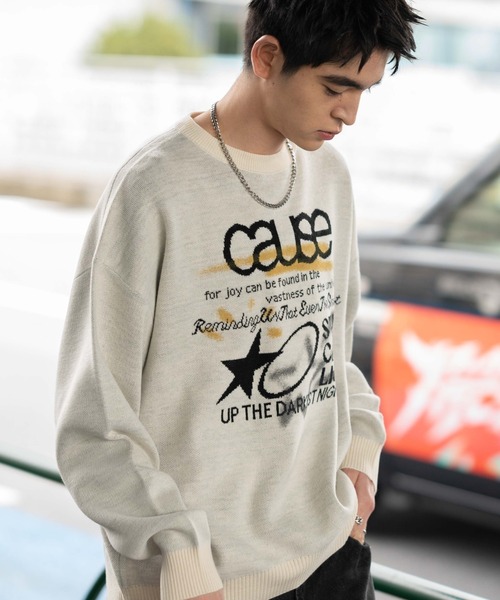 WEGO（ウィゴー）の「WEGO/スプレーグラフィックニットプルオーバー（ニット/セーター・メンズ・オフホワイト/グレー/ブラウン・MEDIUM/LARGE）」の2枚目の写真