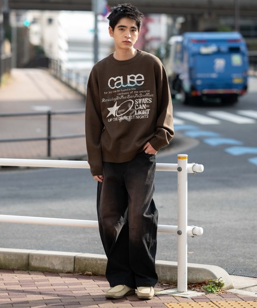 WEGO（ウィゴー）の「WEGO/スプレーグラフィックニットプルオーバー（ニット/セーター・メンズ・オフホワイト/グレー/ブラウン・MEDIUM/LARGE）」の4枚目の写真