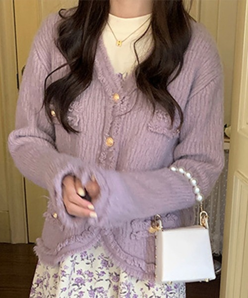 Jasmine Grandiflorum（ジャスミングランディフローラム）の「【Jasmine】ツイード風フリンジニットカーディガン（カーディガン/ボレロ・レディース・ブラック/ホワイト/ブルー/パープル/ピンク・FREE）」の4枚目の写真