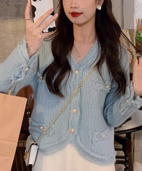 Jasmine Grandiflorum（ジャスミングランディフローラム）の「【Jasmine】ツイード風フリンジニットカーディガン（カーディガン/ボレロ・レディース・ブラック/ホワイト/ブルー/パープル/ピンク・FREE）」の3枚目の写真