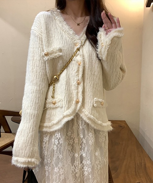 Jasmine Grandiflorum（ジャスミングランディフローラム）の「【Jasmine】ツイード風フリンジニットカーディガン（カーディガン/ボレロ・レディース・ブラック/ホワイト/ブルー/パープル/ピンク・FREE）」の7枚目の写真