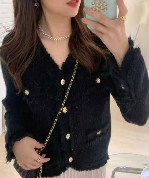 Jasmine Grandiflorum（ジャスミングランディフローラム）の「【Jasmine】ツイード風フリンジニットカーディガン（カーディガン/ボレロ・レディース・ブラック/ホワイト/ブルー/パープル/ピンク・FREE）」の9枚目の写真