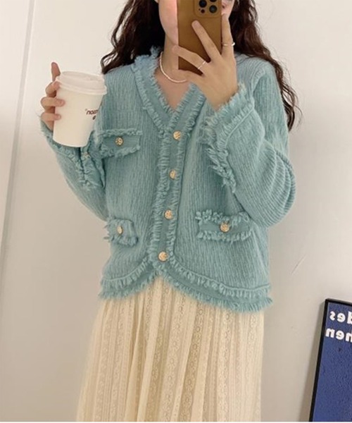 Jasmine Grandiflorum（ジャスミングランディフローラム）の「【Jasmine】ツイード風フリンジニットカーディガン（カーディガン/ボレロ・レディース・ブラック/ホワイト/ブルー/パープル/ピンク・FREE）」の15枚目の写真